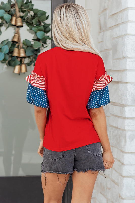 Fiery Red Stars Stripes Short Puff Sleeve Top