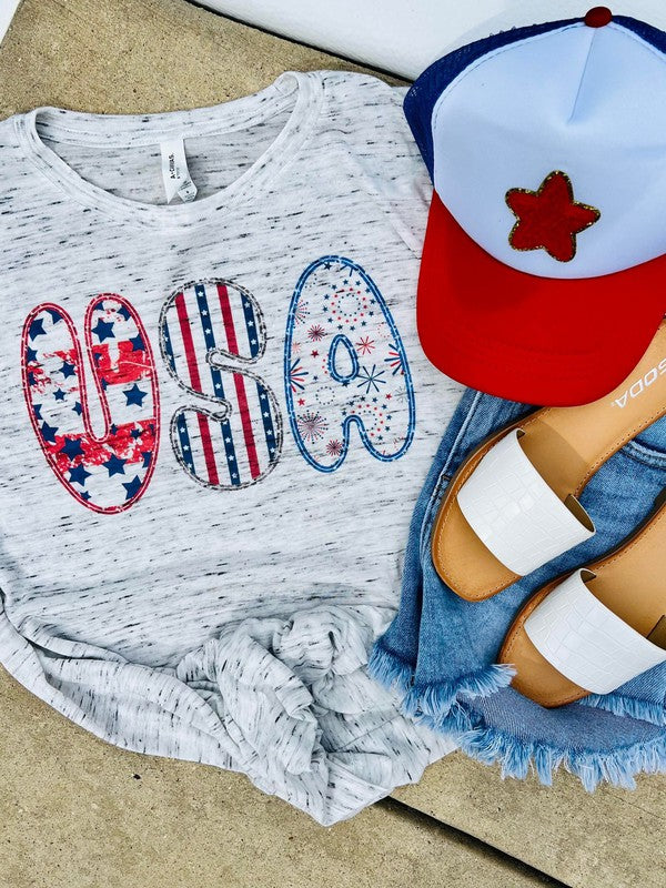 USA Patterned Bubble Letters Marble Tee