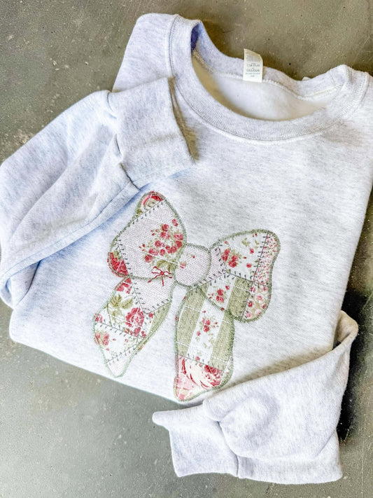 Bow Patchwork Floral Applique Sweatshirt