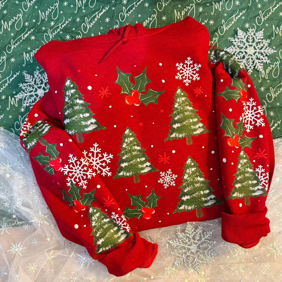 Christmas Trees & Holly on Red Gildan Hoodie with sleeve prints