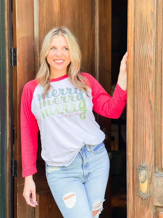 Merry Christmas Green Stacked Raglan