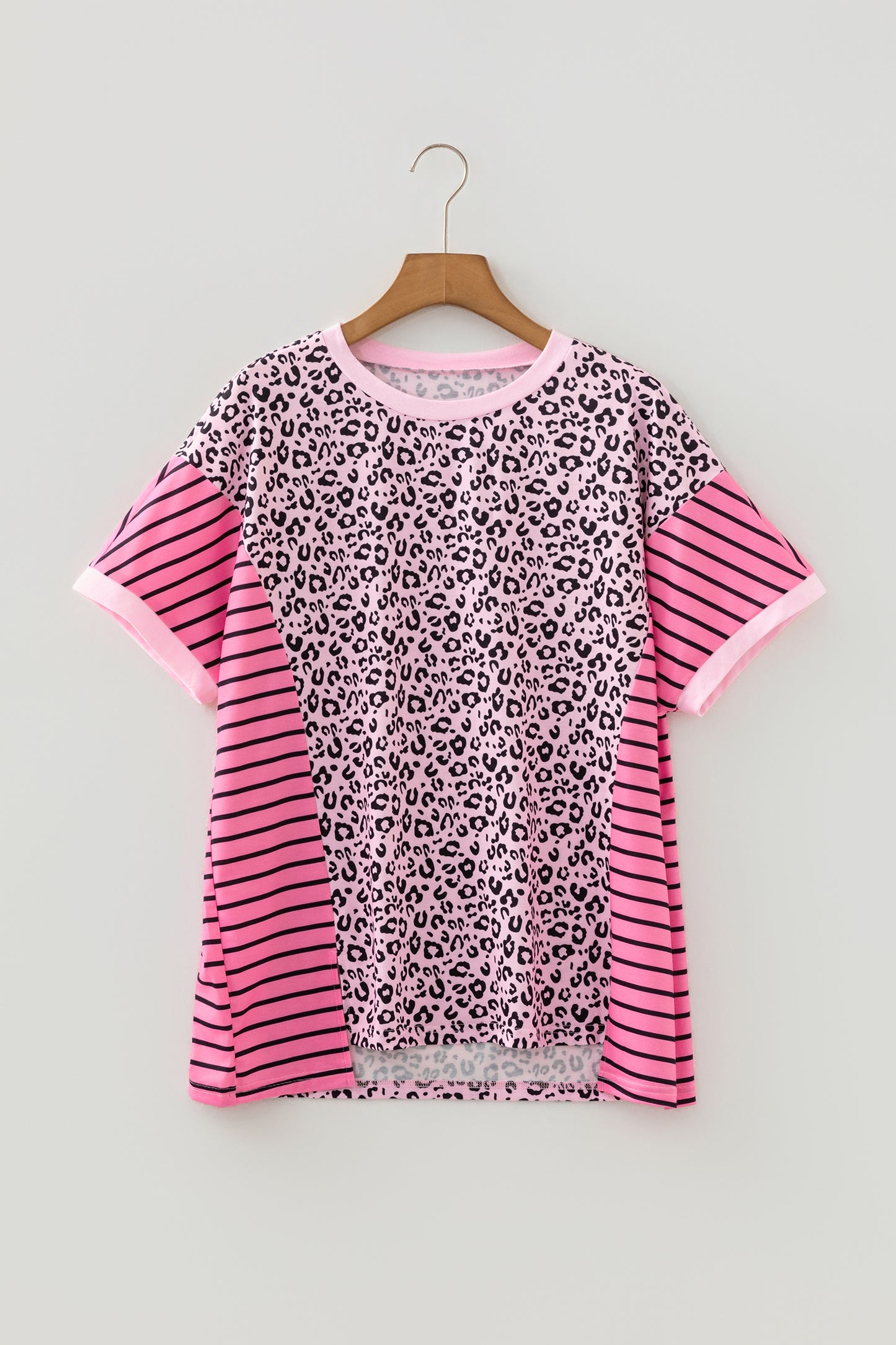 Pink Leopard Striped Patchwork Side Slit Loose Short Sleeve Top