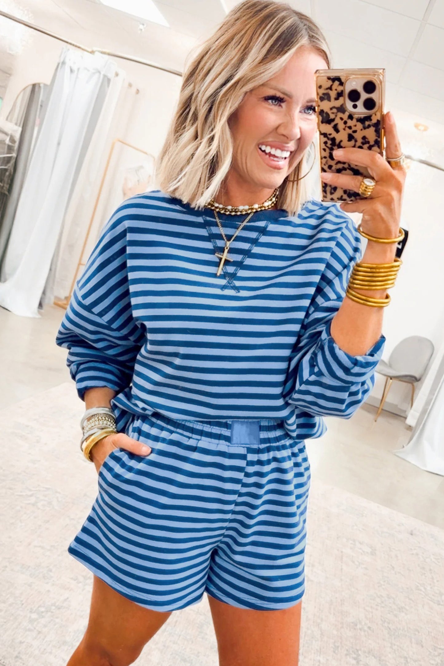 Blue Stripe Drop Shoulder Long Sleeve Pullover Elastic Waist Casual Short Set
