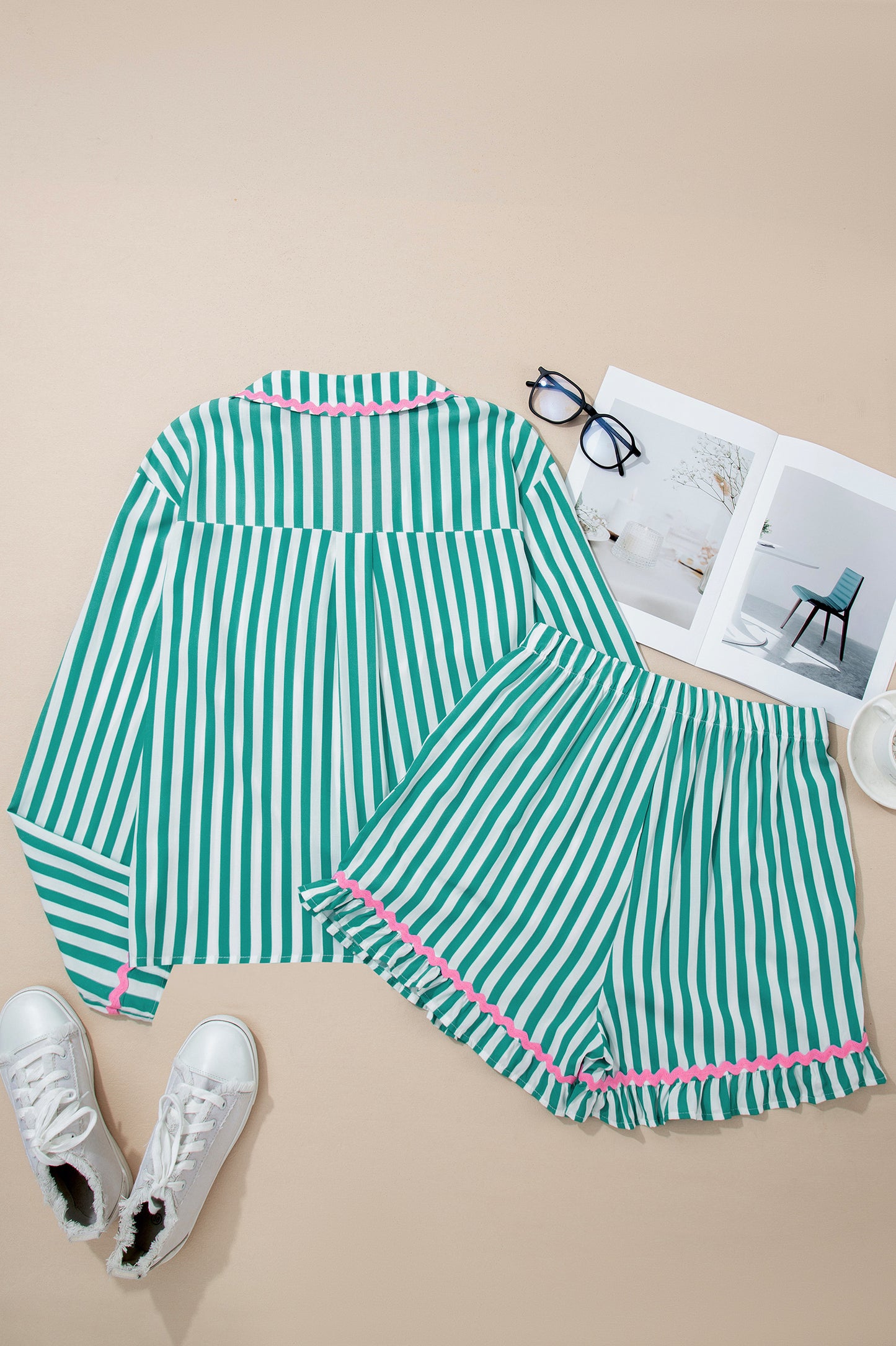 Green Stripe Contrast Ricrac Trim Long Sleeve Shirt Drawstring Ruffled Pajama Short Set