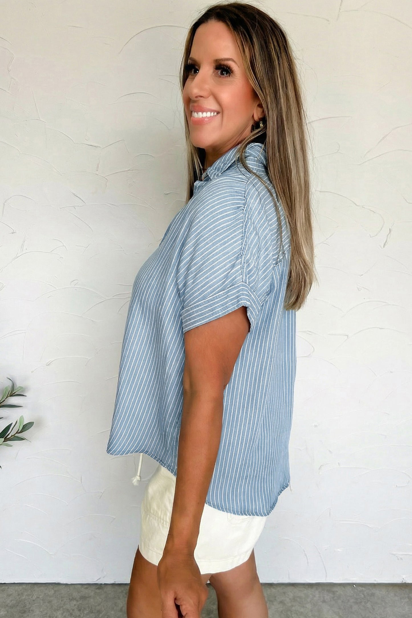 Sky Blue Stripe Cuffed Short Sleeve Button up Loose Shirt
