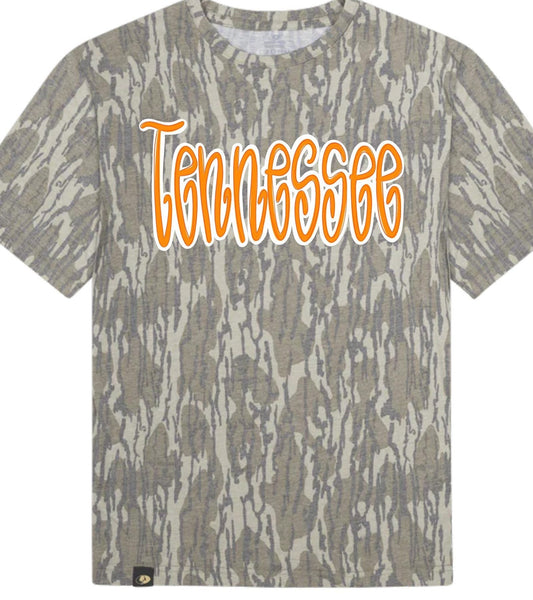 Camouflage t-shirt with 'Tennessee' text on a white background