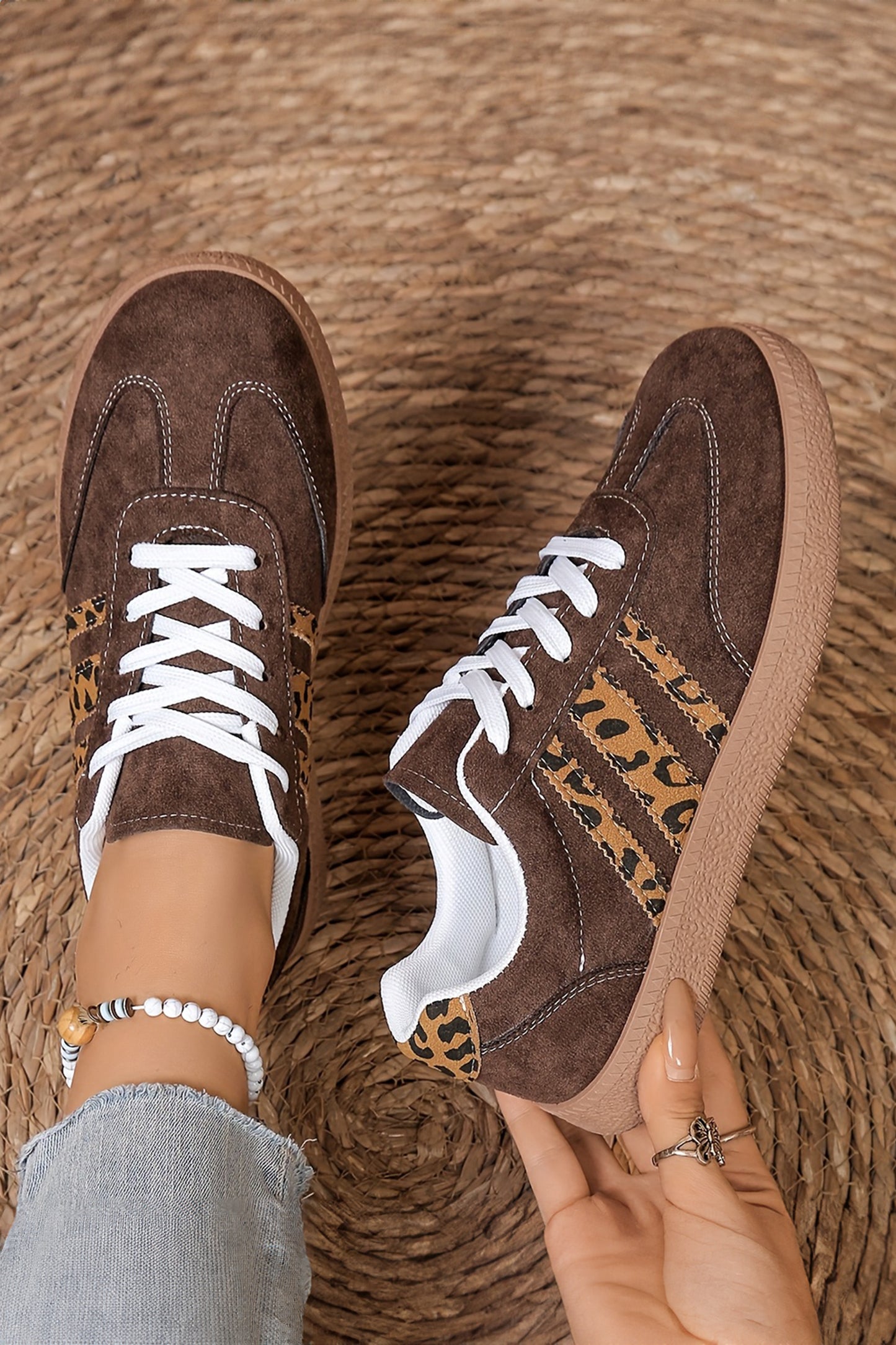 Coffee Contrast Lace-up Leopard Patchwork Detail Faux Suede Shoes