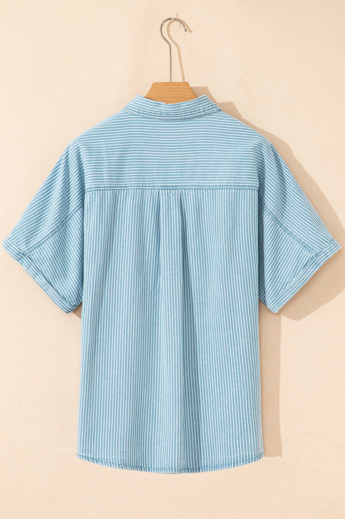 Sky Blue Stripe Cuffed Short Sleeve Button up Loose Shirt