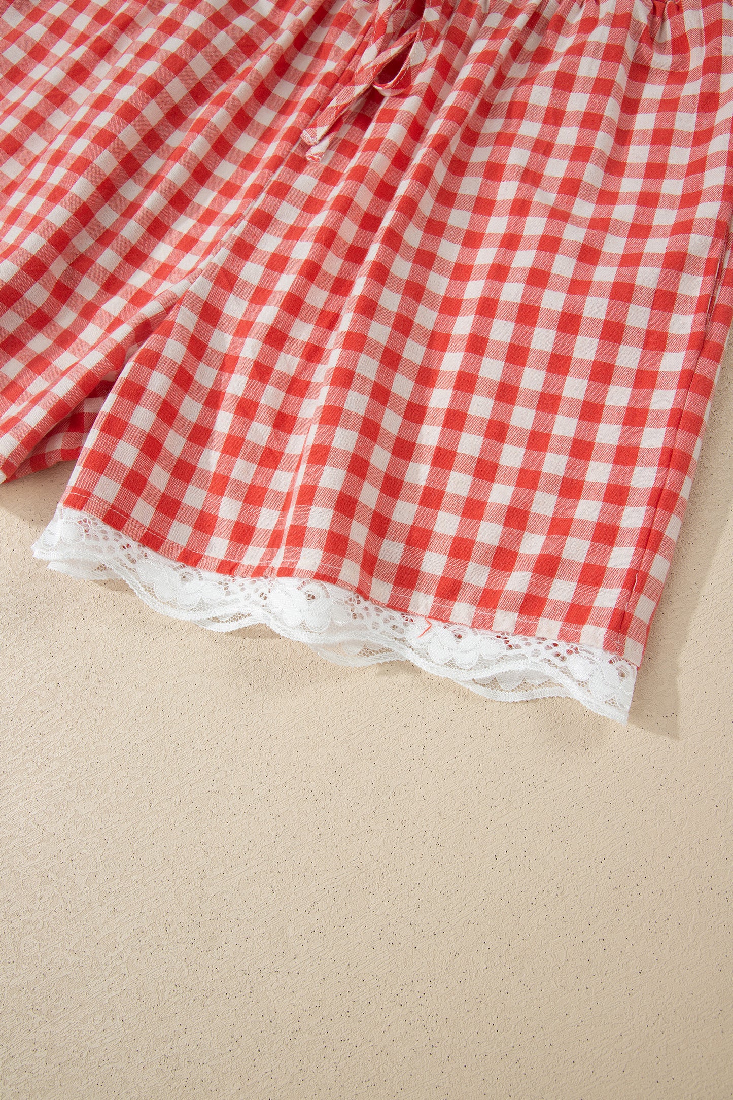 Red Gingham Plaid Tie Elastic Waist Lace Patchwork Hem Casual Shorts