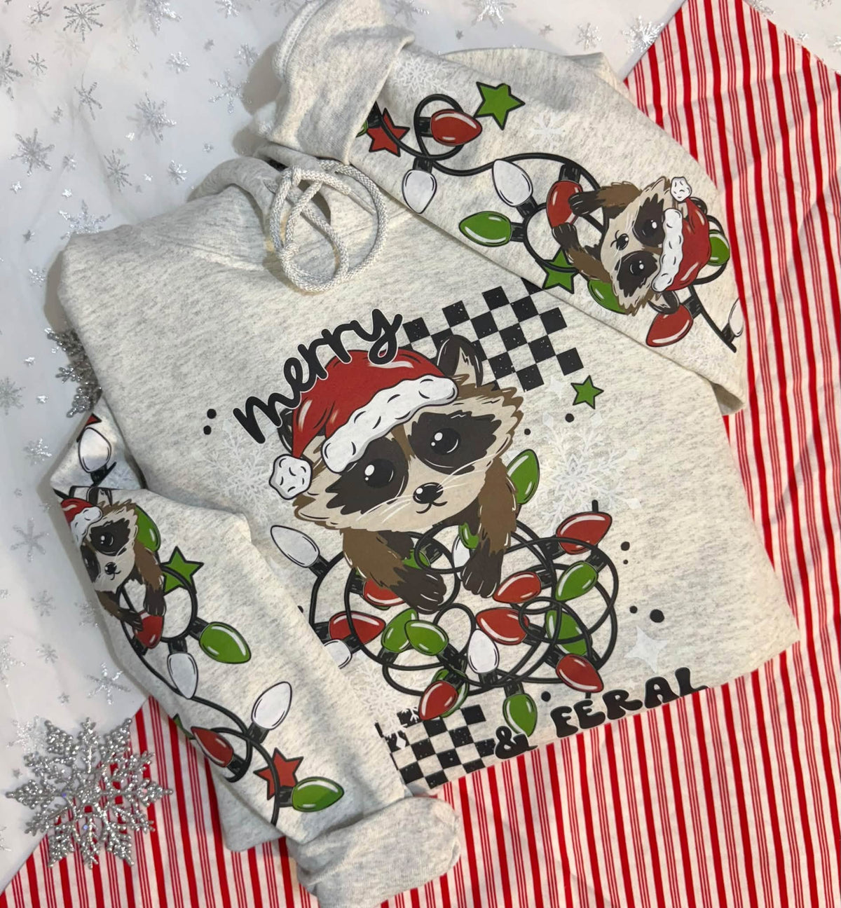 Merry and Feral Christmas Raccoon Ash Gildan Hoodie